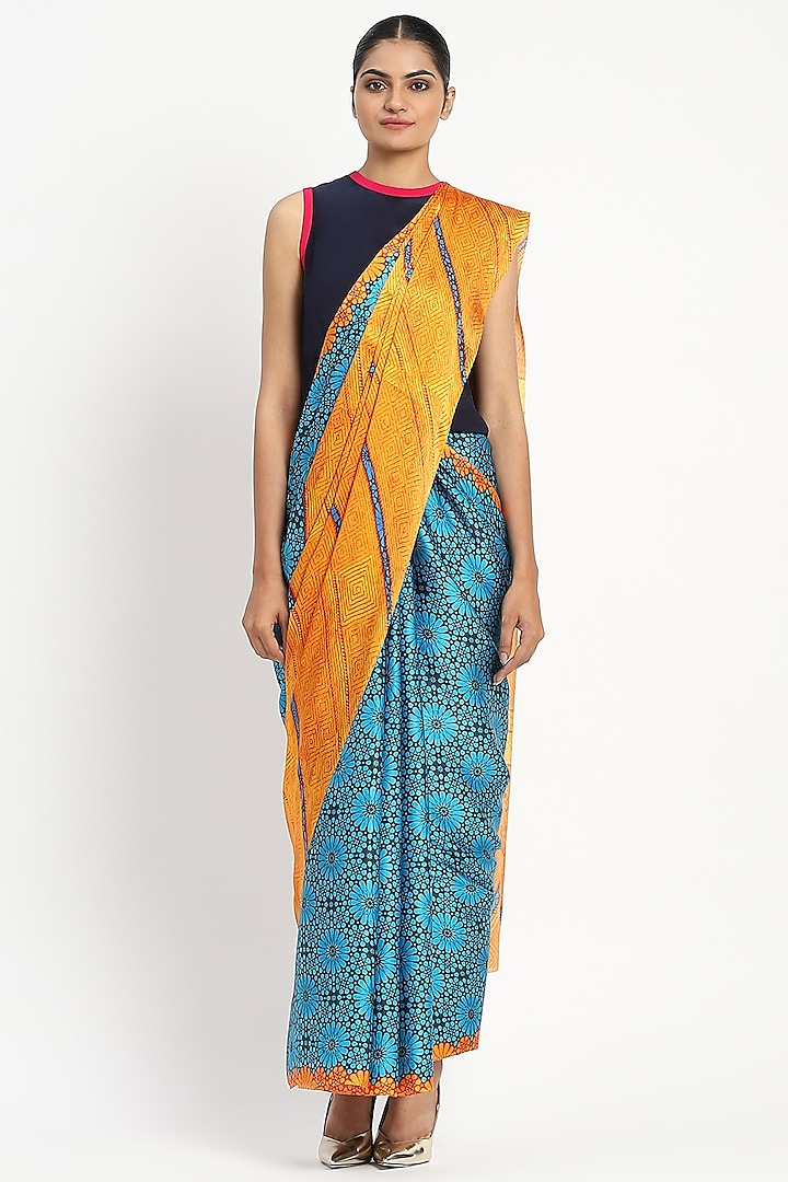 Blue Silk Georgette Satin Floral Printed Saree by Satya Paul at Pernia's Pop Up Shop