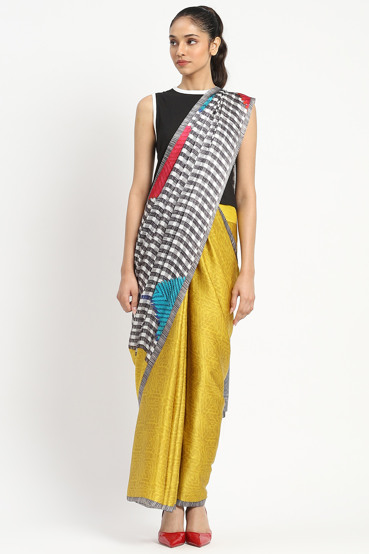 Yellow Silk Georgette Satin Checkered Printed Party Wear Saree by Satya Paul at Pernia's Pop Up Shop