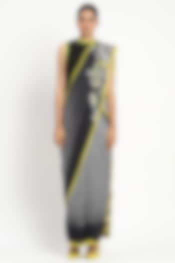 Black Silk Georgette Satin Foliage Printed Party Wear Saree by Satya Paul at Pernia's Pop Up Shop