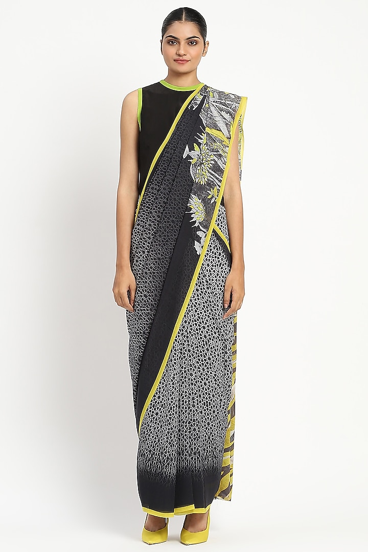 Black Silk Georgette Satin Foliage Printed Party Wear Saree by Satya Paul at Pernia's Pop Up Shop
