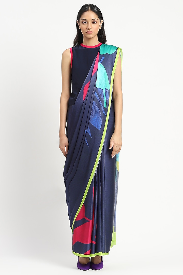 Royal Blue Silk Georgette Satin Foliage Printed Saree by Satya Paul at Pernia's Pop Up Shop