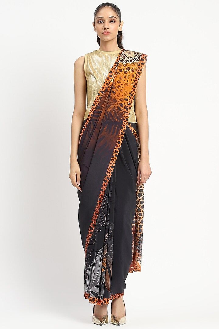 Black Silk Georgette Striped Printed Party Wear Saree by Satya Paul at Pernia's Pop Up Shop