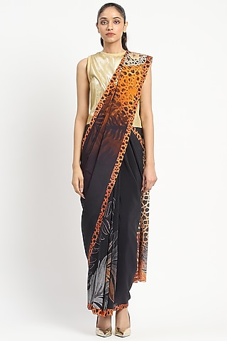 Black Silk Georgette Striped Printed Saree by Satya Paul