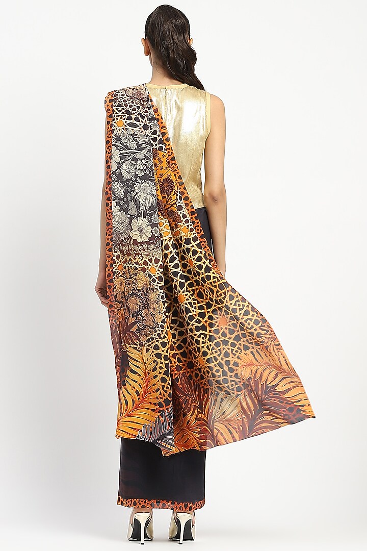 Black Silk Georgette Striped Printed Party Wear Saree by Satya Paul at Pernia's Pop Up Shop