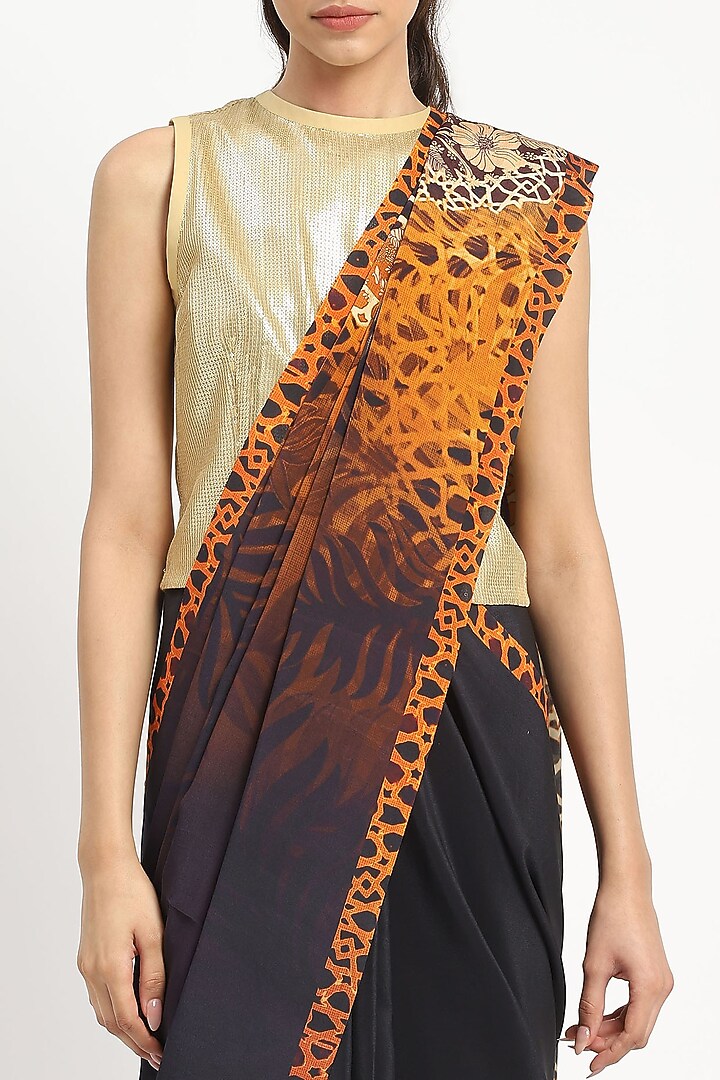 Black Silk Georgette Striped Printed Party Wear Saree by Satya Paul at Pernia's Pop Up Shop
