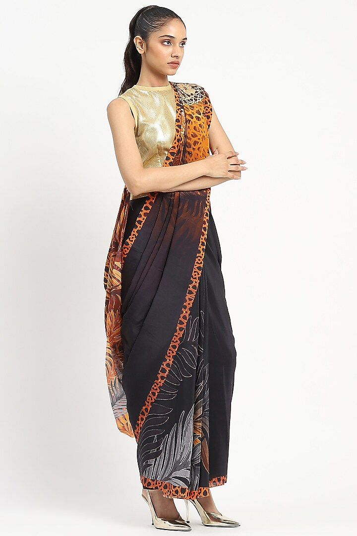Black Silk Georgette Striped Printed Party Wear Saree by Satya Paul at Pernia's Pop Up Shop