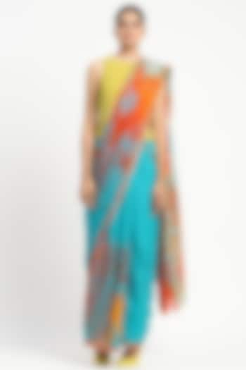 Turquoise & Orange Silk Chiffon Foliage Jaal Printed Saree by Satya Paul at Pernia's Pop Up Shop