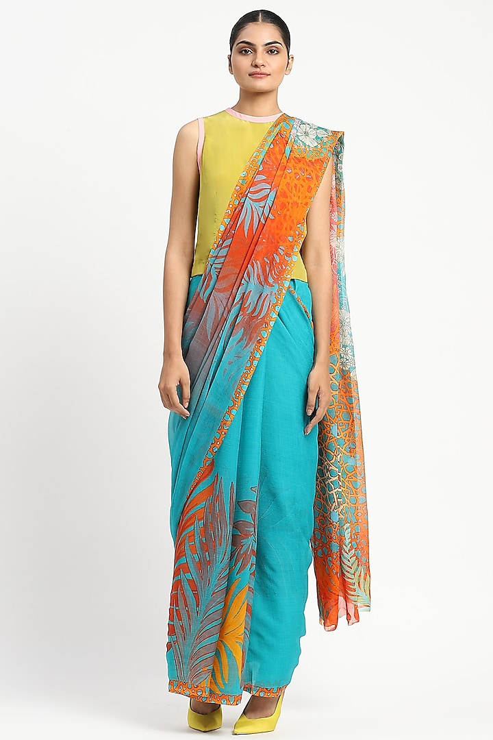 Turquoise & Orange Silk Chiffon Foliage Jaal Printed Saree by Satya Paul at Pernia's Pop Up Shop