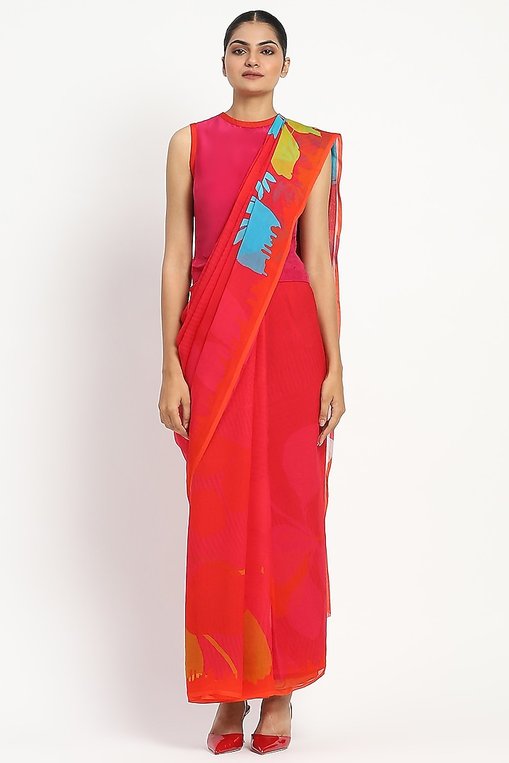 Fuchsia Pink Silk Chiffon Foliage Printed Saree by Satya Paul at Pernia's Pop Up Shop