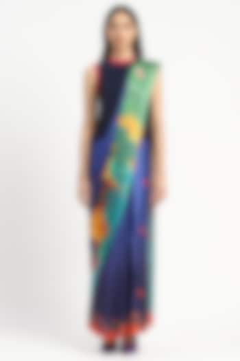 Royal Blue Silk Georgette Satin Floral Printed Saree by Satya Paul at Pernia's Pop Up Shop