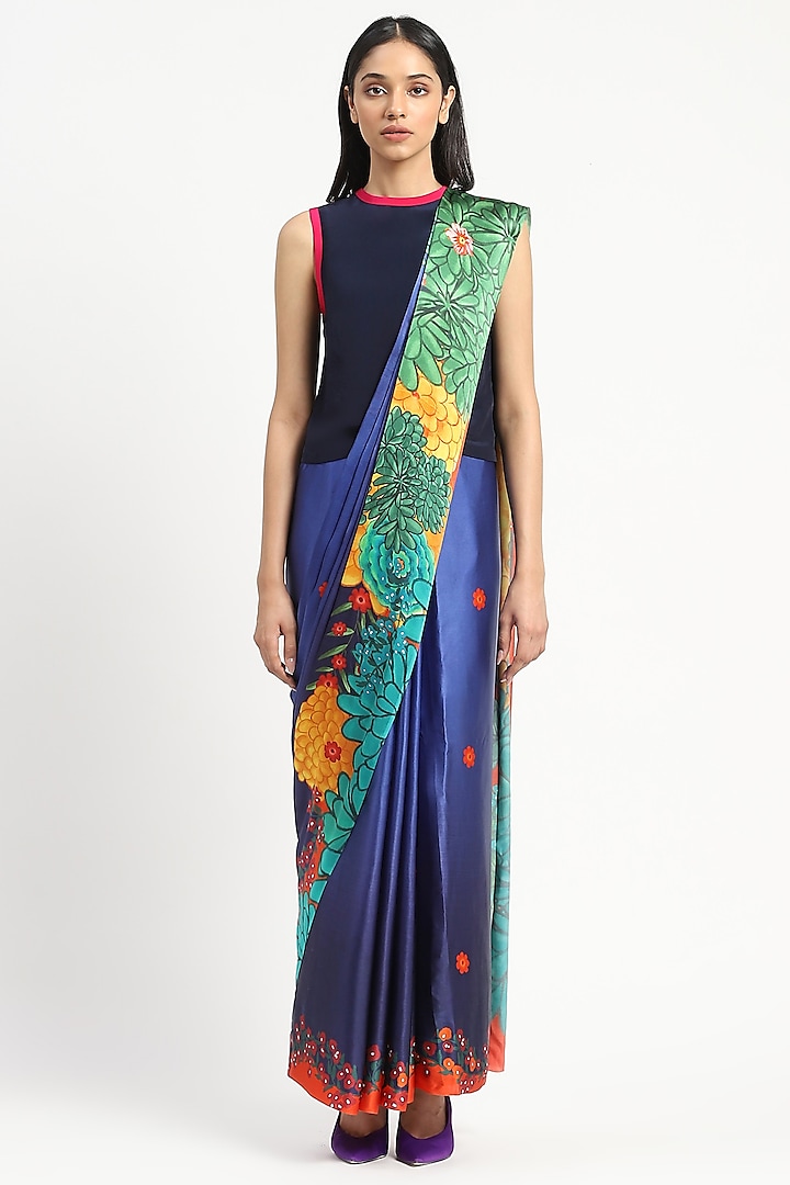 Royal Blue Silk Georgette Satin Floral Printed Saree by Satya Paul at Pernia's Pop Up Shop