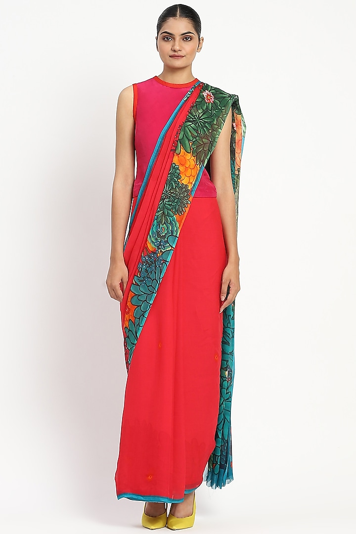 Dark Pink Silk Chiffon Floral Printed Saree by Satya Paul at Pernia's Pop Up Shop