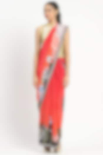 Coral Pink Silk Crepe Floral Printed Saree by Satya Paul at Pernia's Pop Up Shop