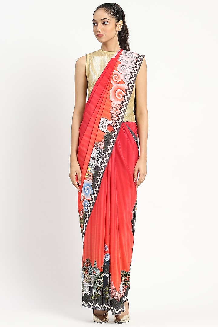 Coral Pink Silk Crepe Floral Printed Saree by Satya Paul at Pernia's Pop Up Shop