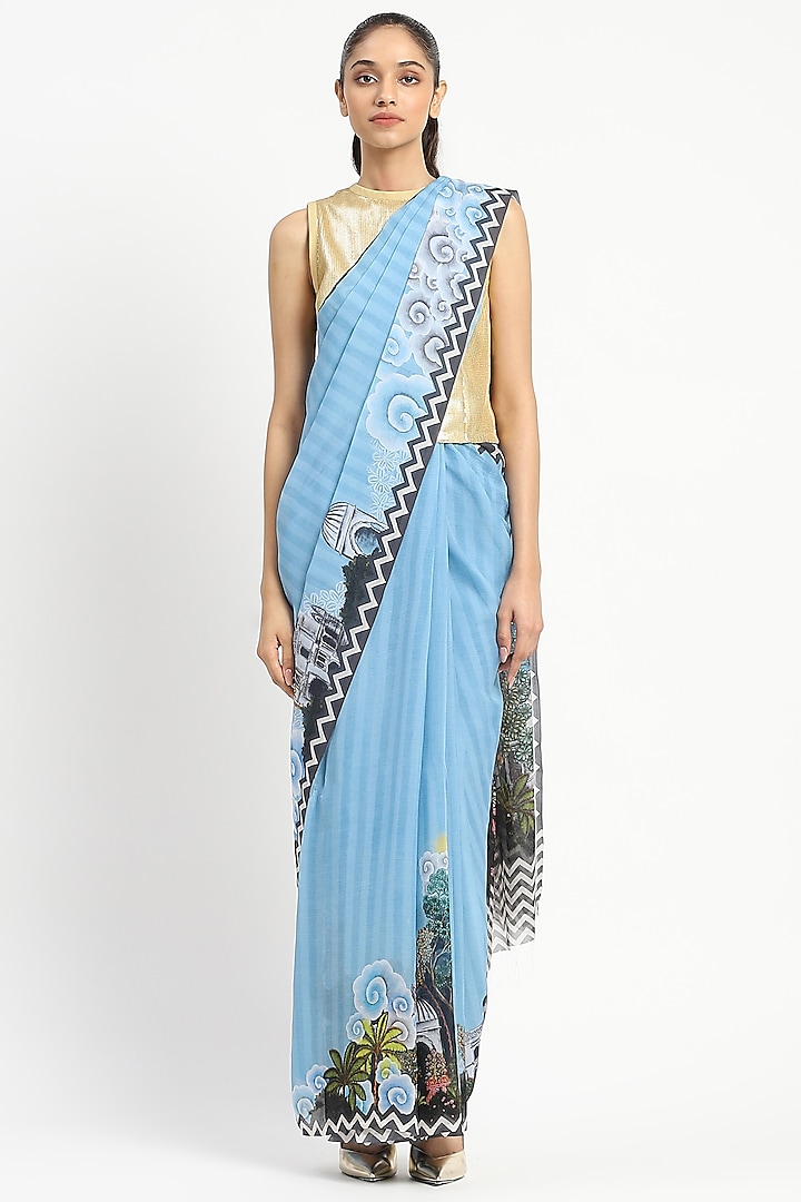 Powder Blue Silk Georgette Floral Printed Saree by Satya Paul at Pernia's Pop Up Shop