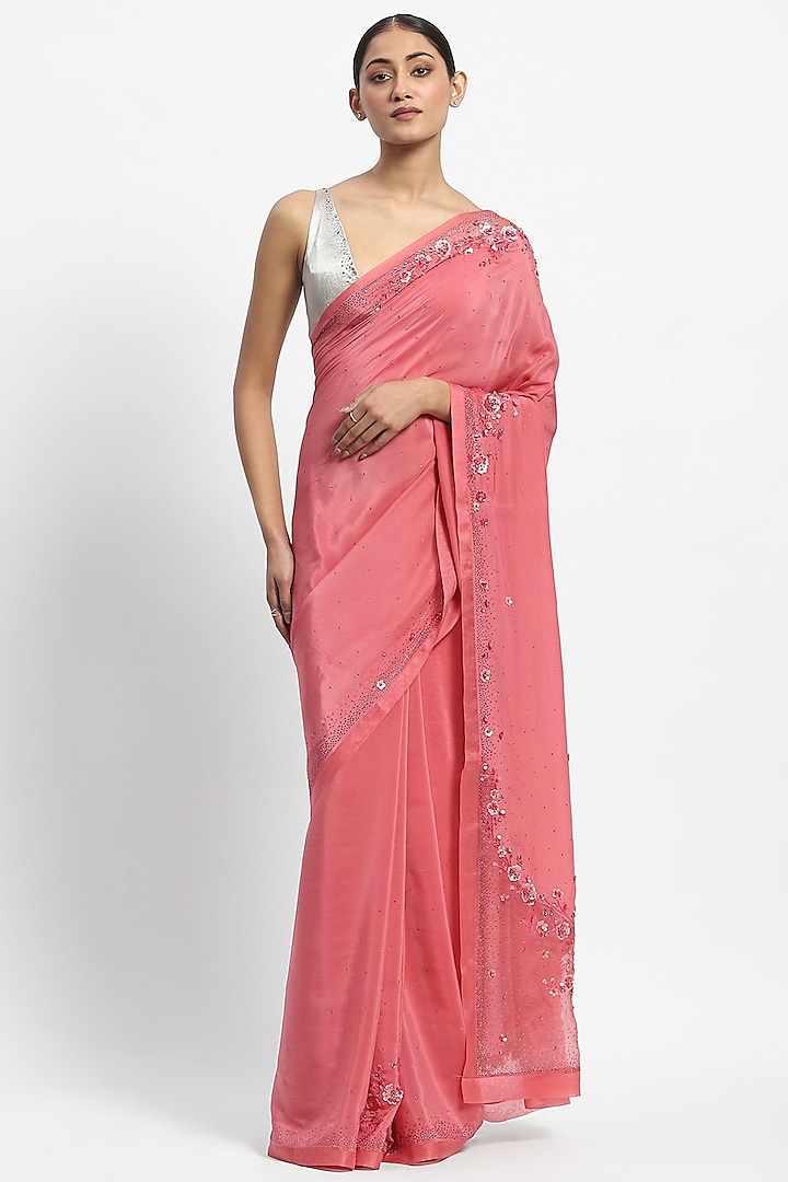 Pink Viscose Crepe Sequins Embroidered Wedding Saree by Satya Paul at Pernia's Pop Up Shop