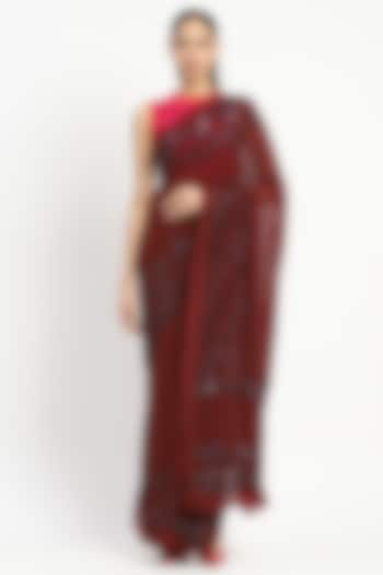 Maroon Viscose Georgette Embroidered Chevron Saree by Satya Paul at Pernia's Pop Up Shop