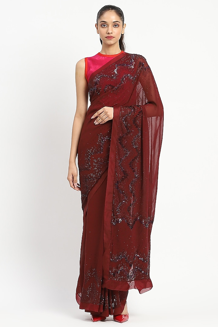 Maroon Viscose Georgette Embroidered Chevron Saree by Satya Paul at Pernia's Pop Up Shop