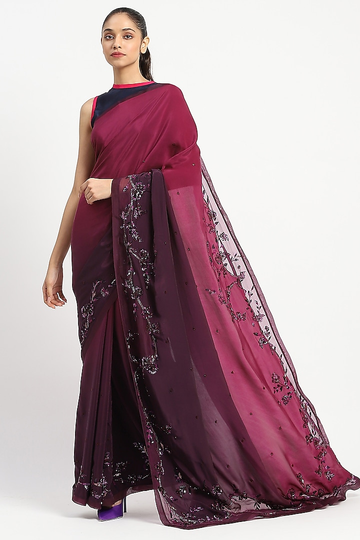 Wine-Burgundy Viscose Crepe Embroidered Saree by Satya Paul at Pernia's Pop Up Shop