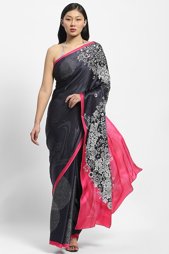 Black Satin Georgette Embellished Saree by Satya Paul at Pernia's Pop Up Shop