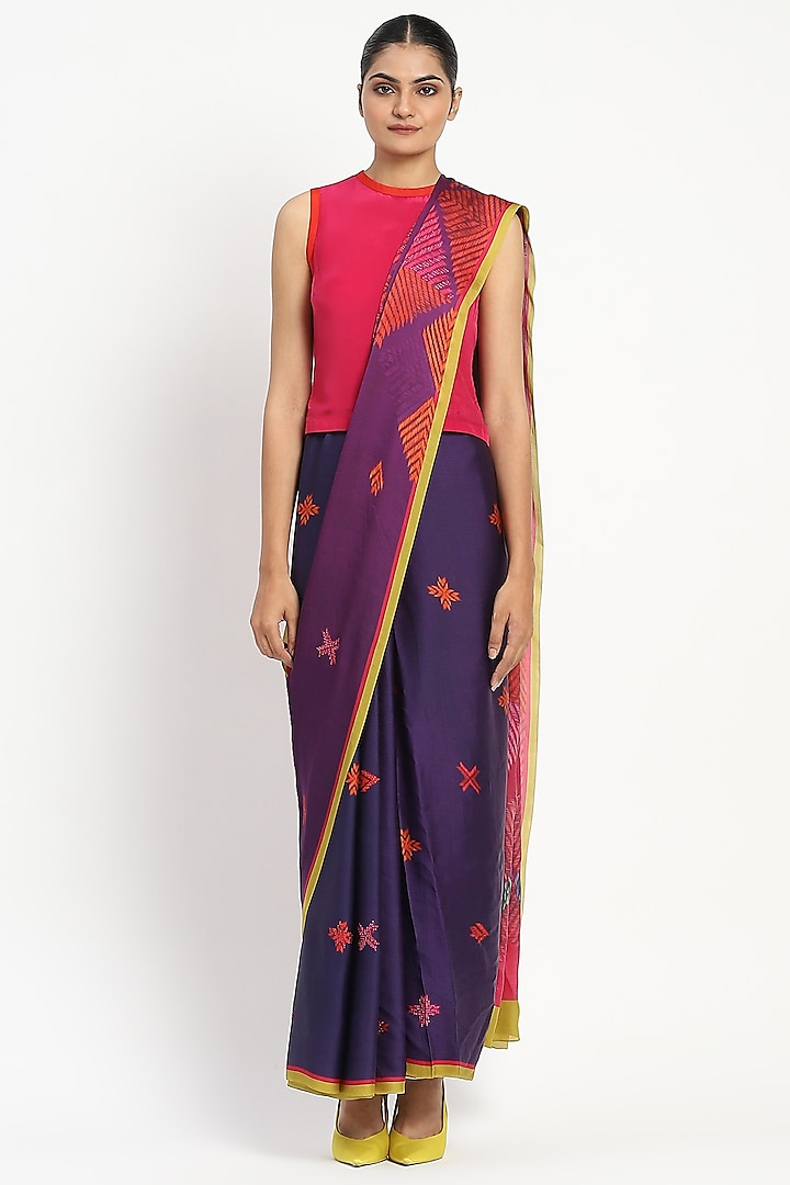 Ink Blue Silk Georgette Satin Motif Embroidered Saree by Satya Paul at Pernia's Pop Up Shop