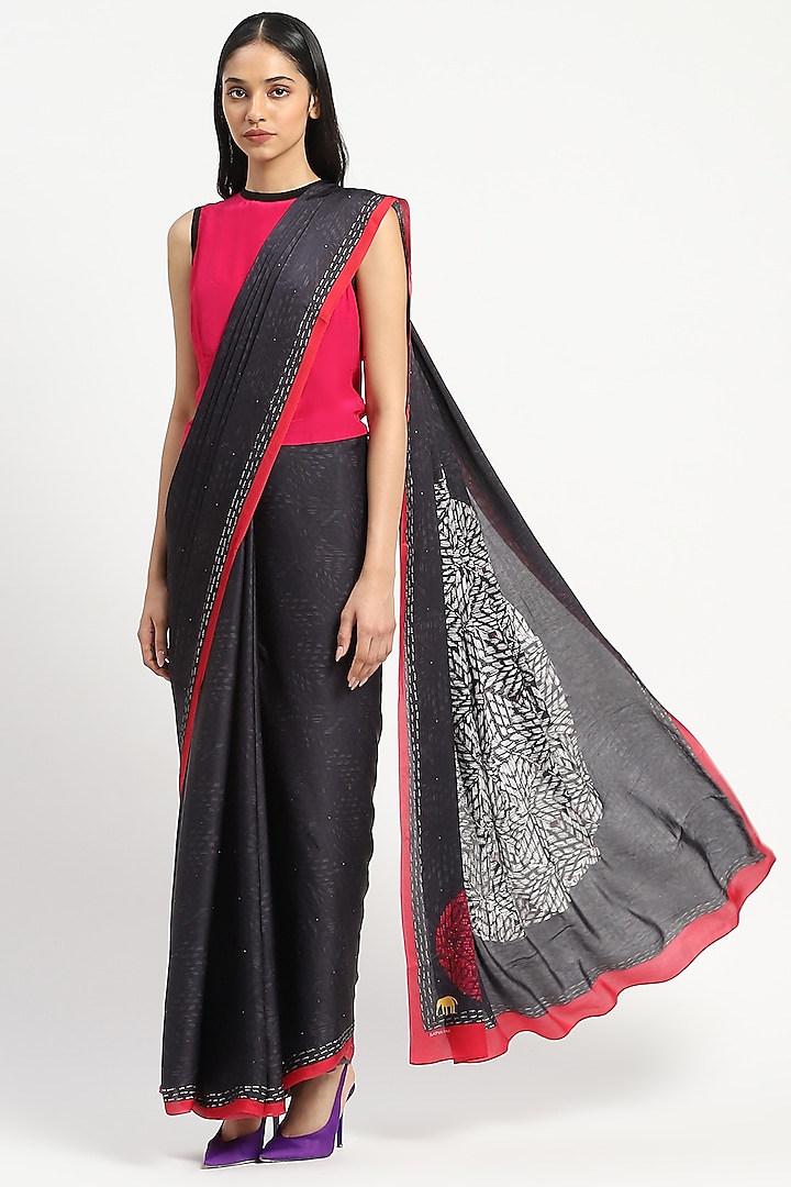 Black Silk Georgette Satin Crystal Embroidered Saree by Satya Paul at Pernia's Pop Up Shop