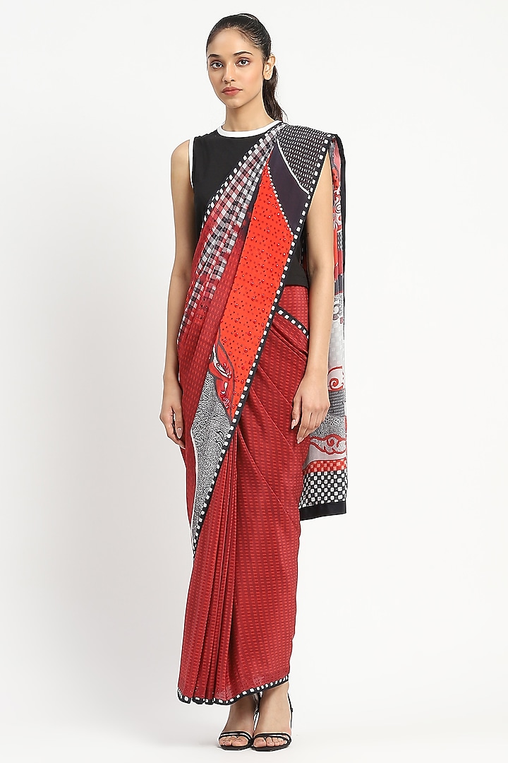 Red Silk Crepe Embroidered Checkered Saree by Satya Paul at Pernia's Pop Up Shop