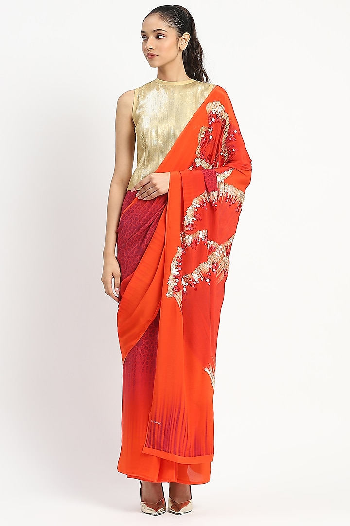 Dark Pink Silk Chiffon Jaal Motif Embroidered Saree by Satya Paul at Pernia's Pop Up Shop