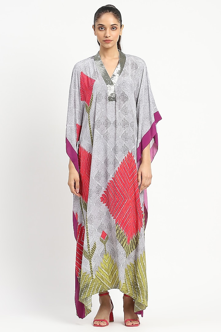 Grey Crepe Motif Printed Kaftan by Satya Paul at Pernia's Pop Up Shop