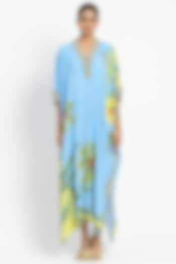 Light Blue Viscose Crepe Floral printed Kaftan by Satya Paul at Pernia's Pop Up Shop