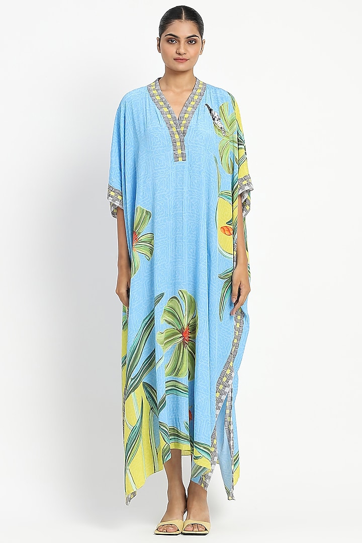 Light Blue Viscose Crepe Floral printed Kaftan by Satya Paul at Pernia's Pop Up Shop