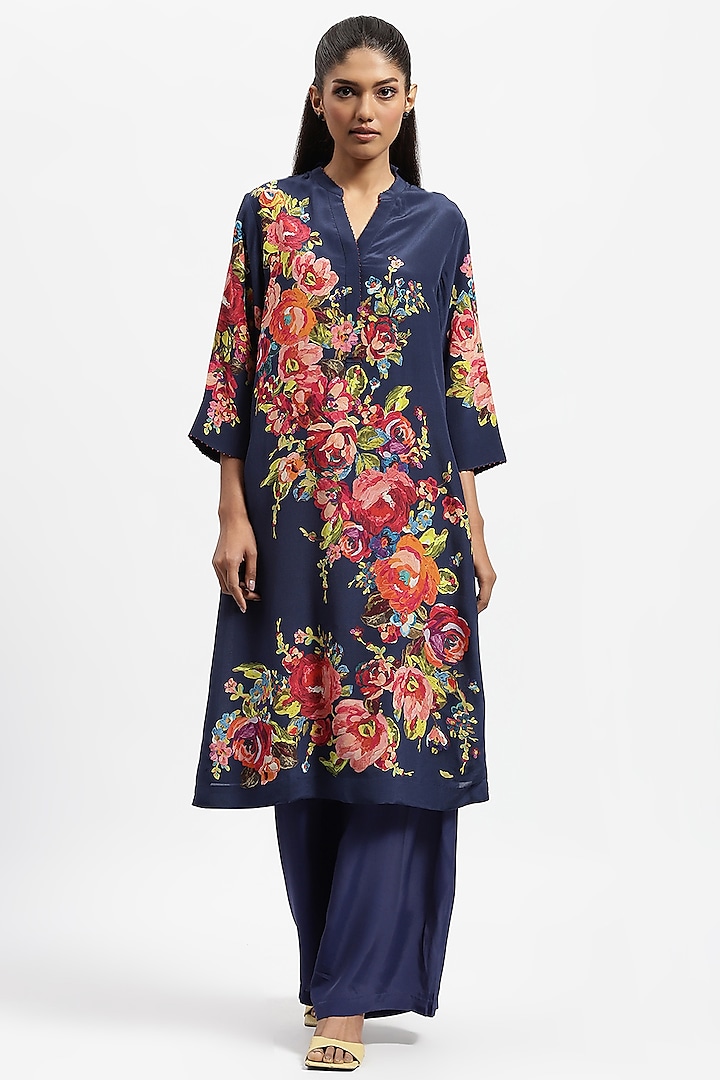 Royal Blue Silk Crepe Embroidered Kurta Set by Satya Paul at Pernia's Pop Up Shop