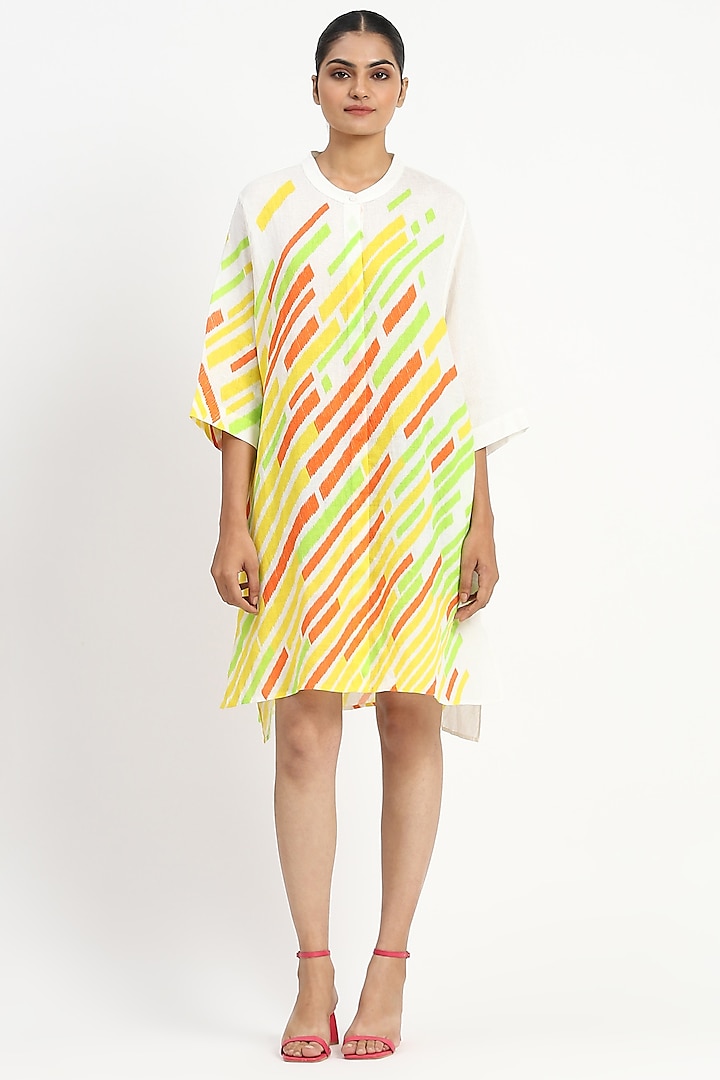 Ivory Linen Striped Printed Tunic by Satya Paul at Pernia's Pop Up Shop