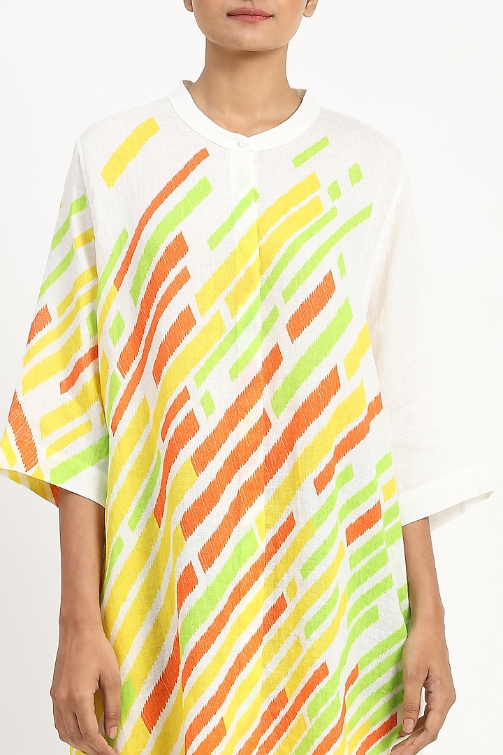 Ivory Linen Striped Printed Tunic by Satya Paul at Pernia's Pop Up Shop