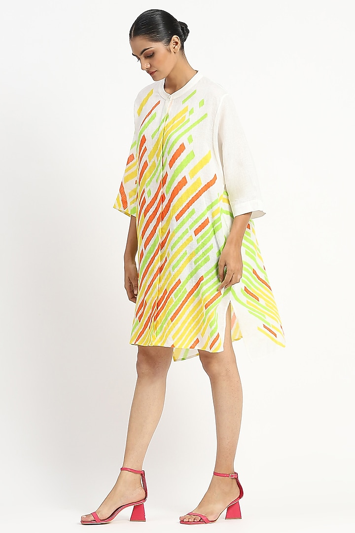 Ivory Linen Striped Printed Tunic by Satya Paul at Pernia's Pop Up Shop