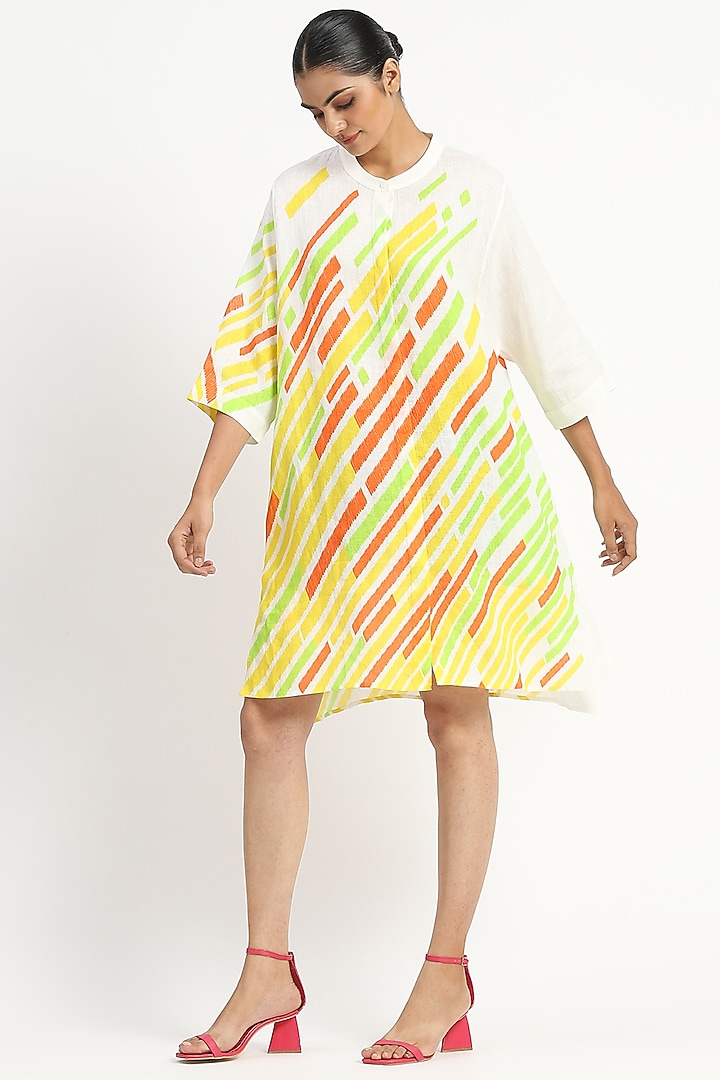 Ivory Linen Striped Printed Tunic by Satya Paul at Pernia's Pop Up Shop