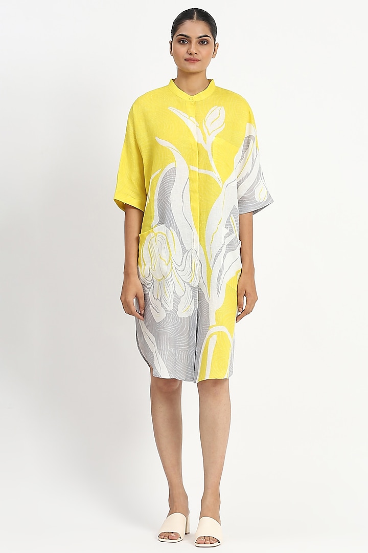 Lemon Yellow Linen Floral Printed Tunic by Satya Paul at Pernia's Pop Up Shop