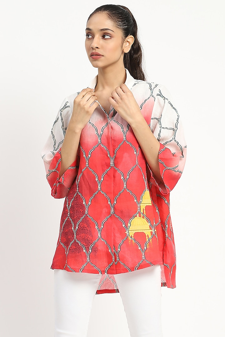 Coral Pink Linen Motif Printed Tunic by Satya Paul at Pernia's Pop Up Shop