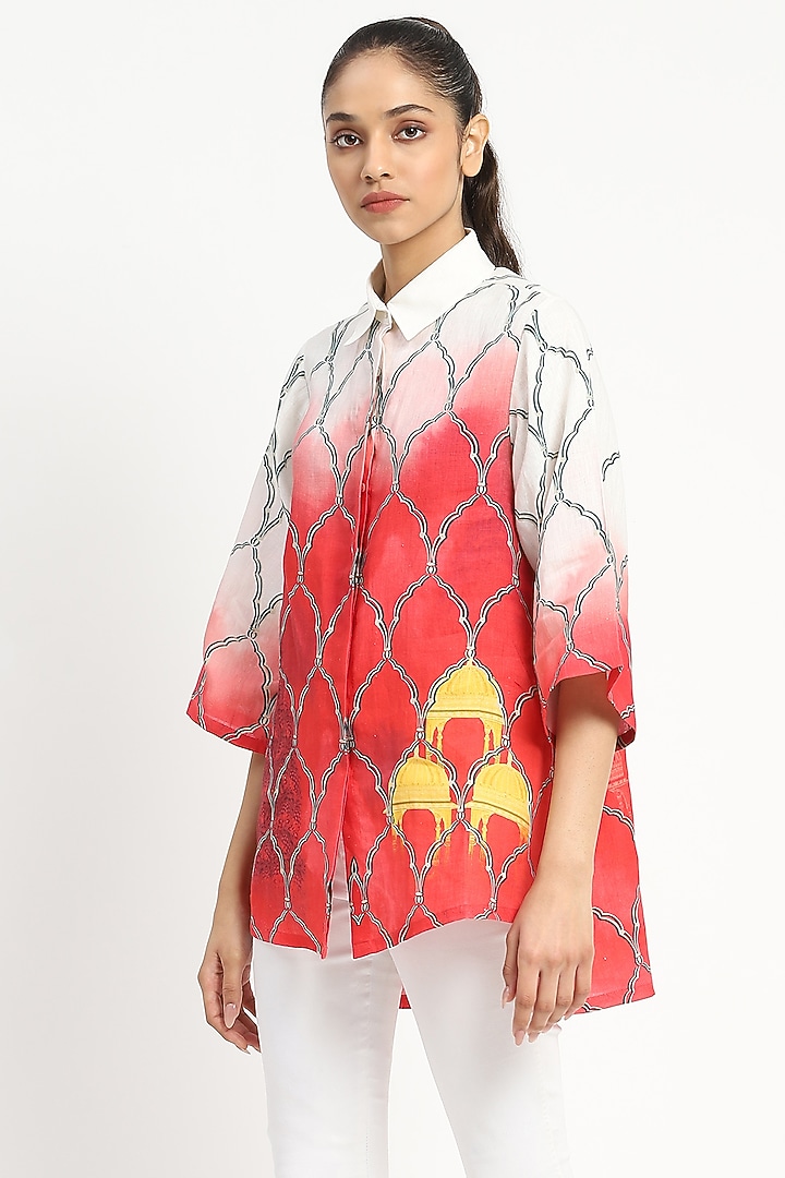 Coral Pink Linen Motif Printed Tunic by Satya Paul at Pernia's Pop Up Shop