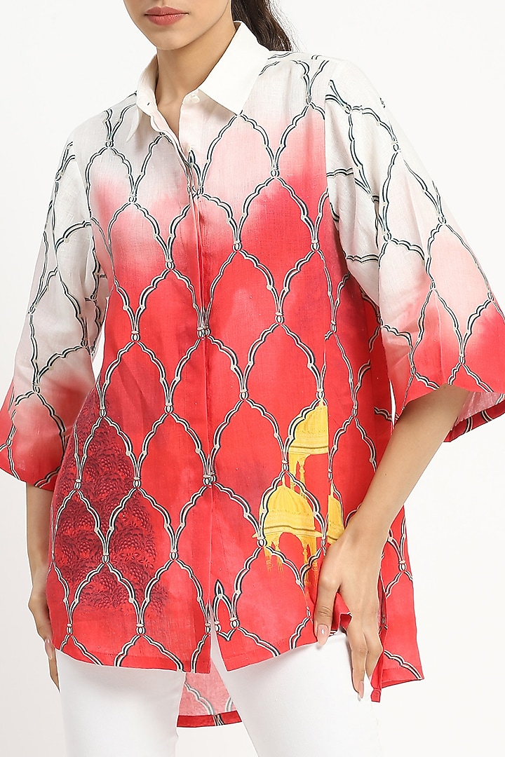 Coral Pink Linen Motif Printed Tunic by Satya Paul at Pernia's Pop Up Shop