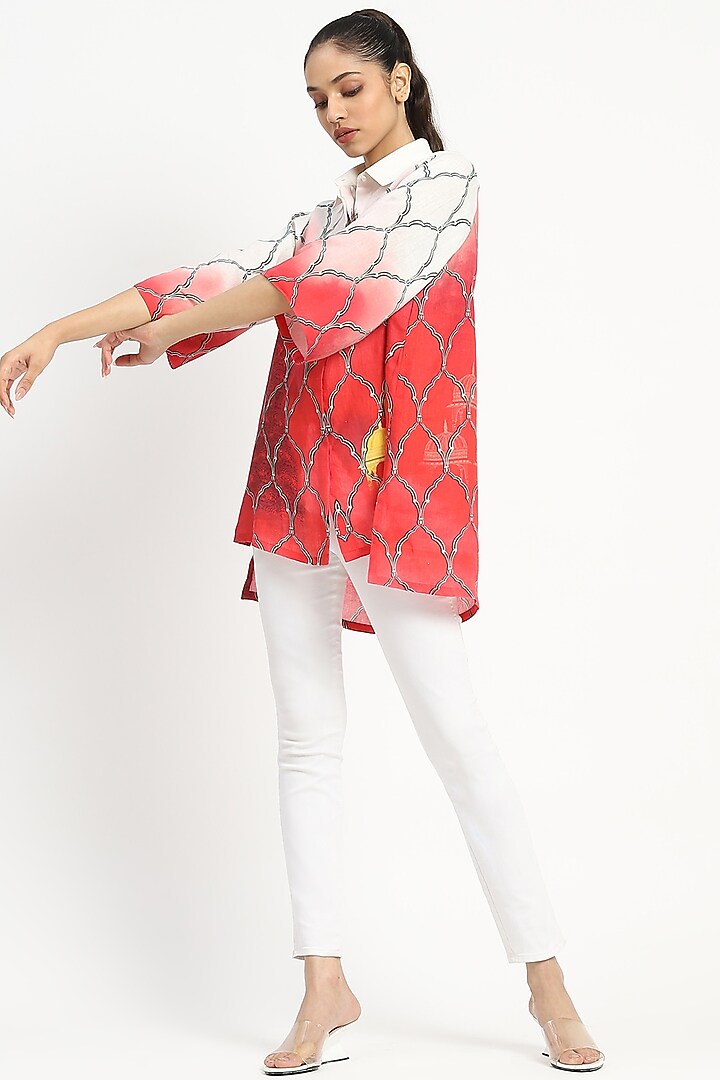 Coral Pink Linen Motif Printed Tunic by Satya Paul at Pernia's Pop Up Shop