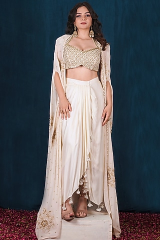 Off-White Georgette Aari Embroidered Cape Set by SAUBHAGYA