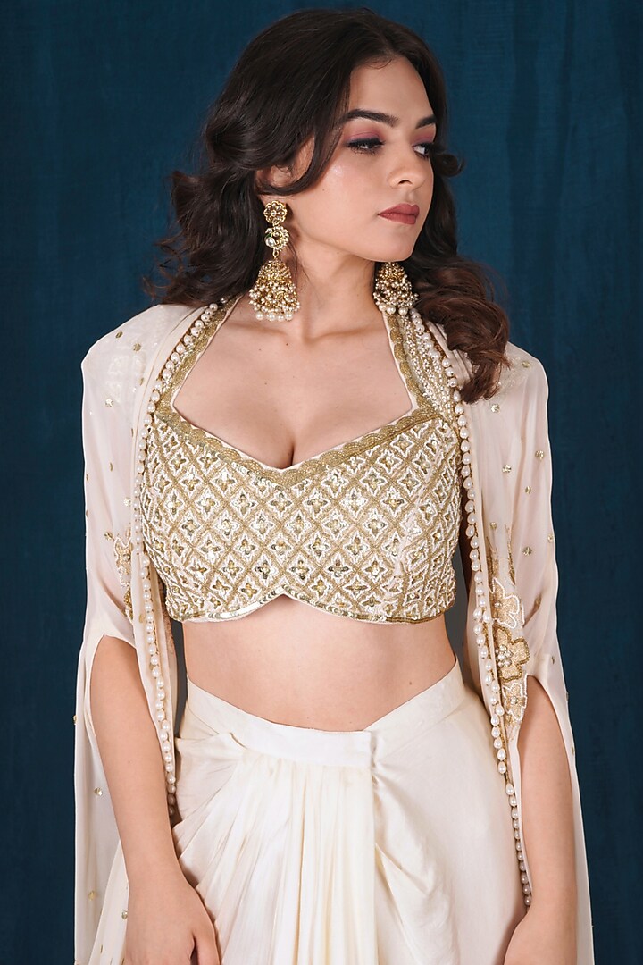 Off-White Georgette Aari Embroidered Cape Set by SAUBHAGYA at Pernia's Pop Up Shop