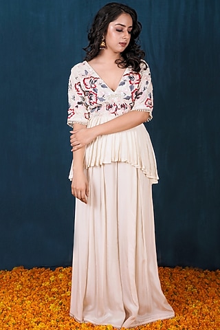 Off-White Crepe Box-Pleated Pant Set by SAUBHAGYA