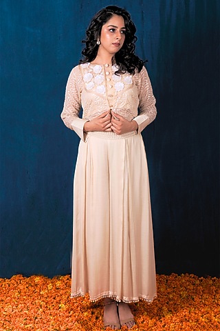 Off-White Organza Cutdana Embroidered Co-Ord Set by SAUBHAGYA