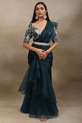 Teal Satin Chiffon Draped Saree Set by SAUBHAGYA