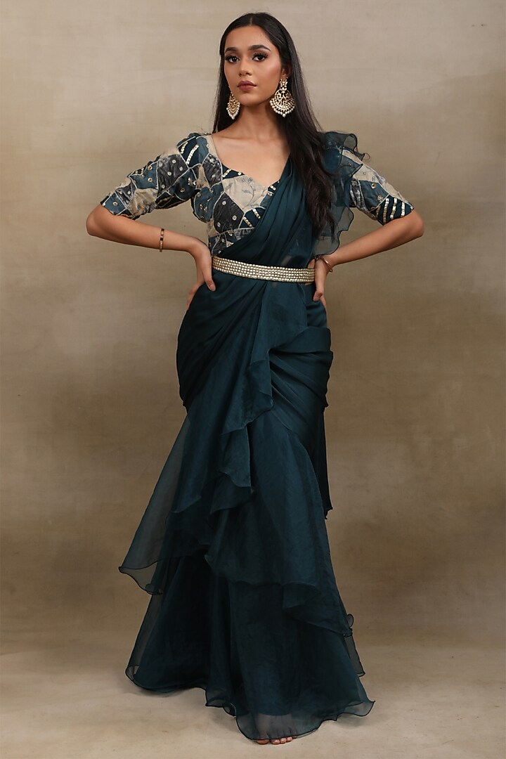 Teal Satin Chiffon Draped Wedding Saree Set by SAUBHAGYA at Pernia's Pop Up Shop