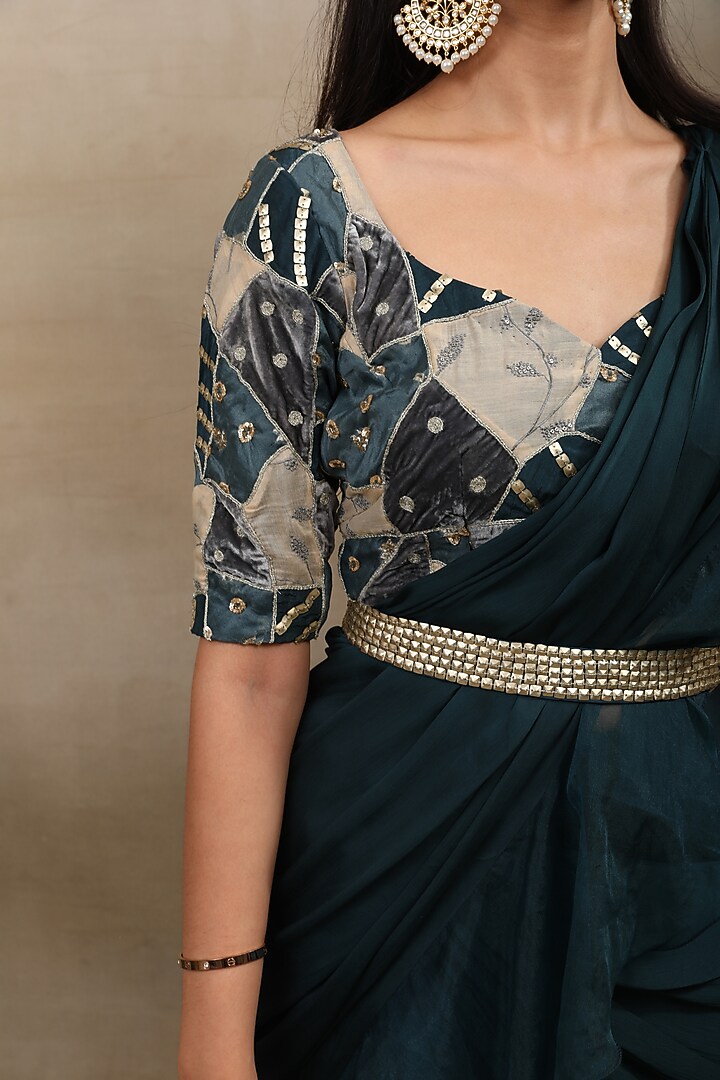 Teal Satin Chiffon Draped Wedding Saree Set by SAUBHAGYA at Pernia's Pop Up Shop
