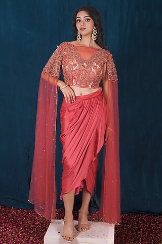 Pink Modal Satin Draped Skirt Set by SAUBHAGYA