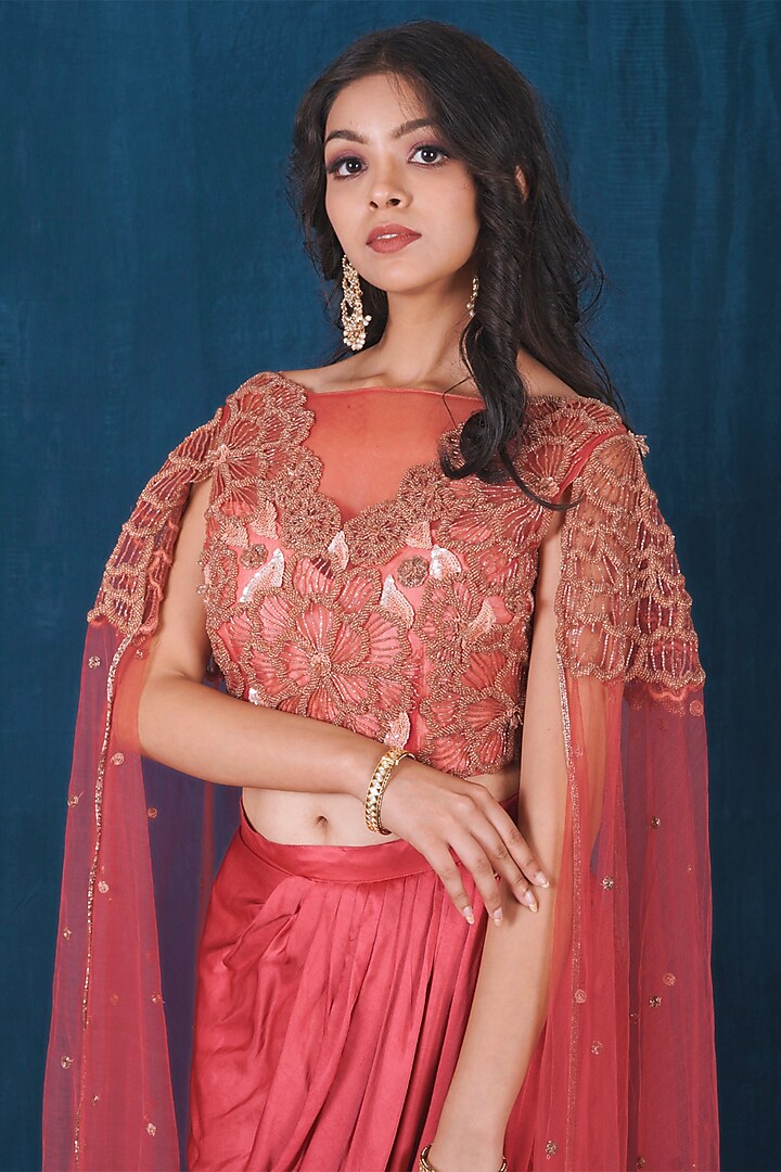 Pink Modal Satin Draped Skirt Set by SAUBHAGYA at Pernia's Pop Up Shop